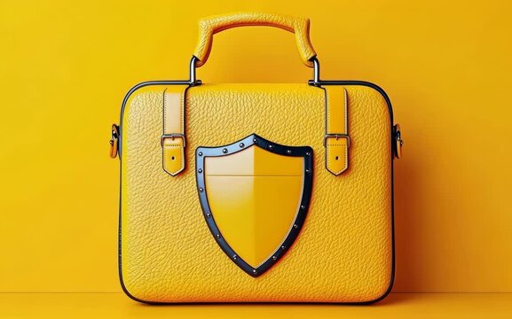 Bright yellow briefcase with shield emblem on vibrant yellow background, emphasizing safety and protection in business and travel.
