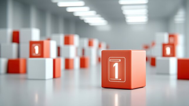 Abstract arrangement of red and white boxes with numeric labels in a modern minimalist space