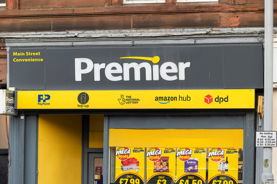 AYR, UK - APRIL 2, 2025: Premier Stores Local Convenience Shop with Multiple Services