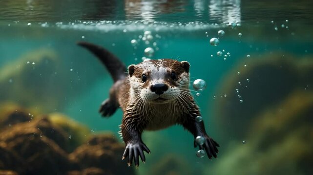 The European Otter - playing and hunting underwater. This species threatens fish farms and aquaculture. Wildlife in the National Park.