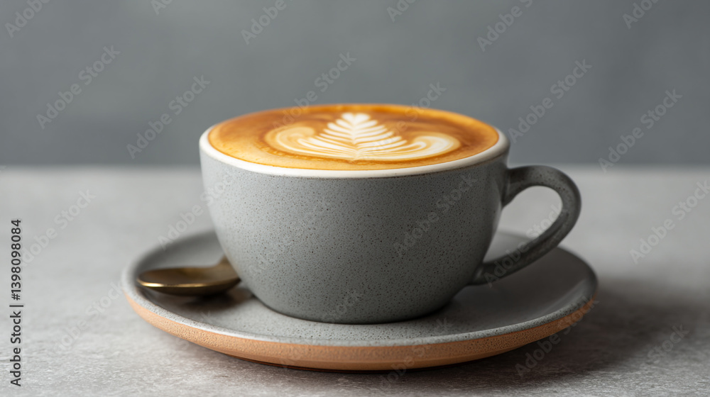 Poster close up of a latte with latte art in a gray cup on a saucer with a golden spoon on the side