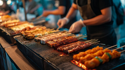 Delicious street food skewers grilling barbecue at night market tasty meat and vegetable kebabs cooking