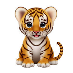 cute cartoon tiger cub with big eyes and playful expression sits facing forward. cub has orange fur with black stripes and white belly, creating adorable and friendly appearance