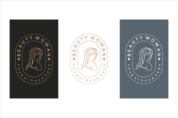 Beige Line Art Woman Profile Logo Design on Black Gray White Background