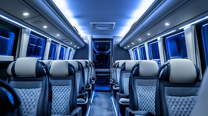 Naklejka premium Modern bus interior with comfortable seating. Spacious and well-lit passenger compartment