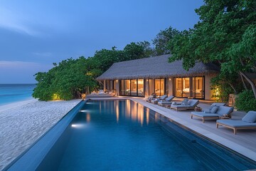 Enchanting evening view of the pool at Aman Puri Maldives with clear blue waters, beachside lounge chairs, traditional thatched roofs, lush greenery, and palm trees at dusk.