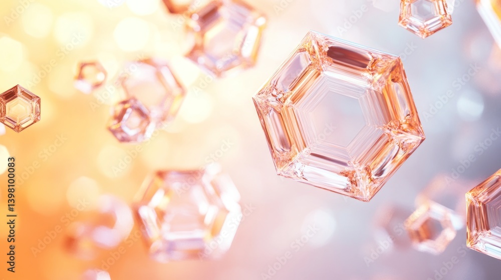 Poster geometric translucent hexagonal crystal formations floating against the gradient background