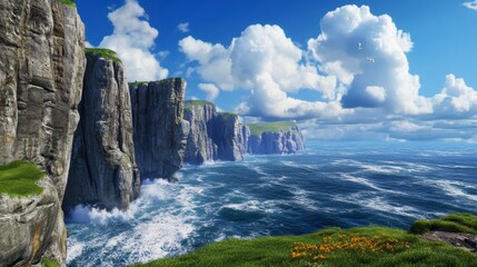 Dramatic Coastal Cliffs and Turbulent Ocean Waves Under a Bright Blue Sky