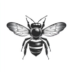 Monochrome bee illustration, wings spread, white background, nature design