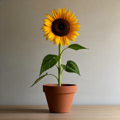Obraz premium Digital artwork of a single bright sunflower standing tall in a plain clay pot. A minimal yet cheerful botanical scene, perfect for themes like summer, growth, simplicity, and natural beauty