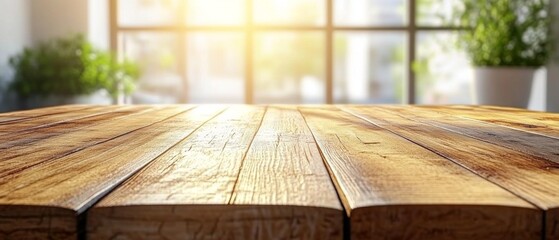 Wooden table surface on background of cozy room with window and green plants. Ideal for blogs about interior design, furniture advertising, articles about home comfort.