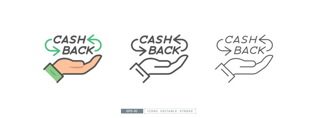Cashback concept with arrow return on hand. Editable stroke, thin line and flat vector illustration.
