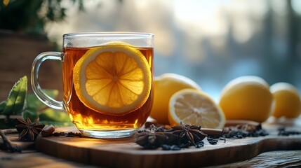 A cup of tea with lemon against a background of spices and citrus. Perfect for healthy eating blogs, drink recipes.