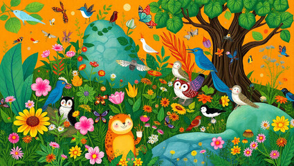 autumn landscape with trees and birds