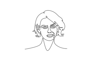woman sulking, frowning and looking upset, distressed frustrated face expression. Expression concept. Single line draw design. Vector graphic illustration