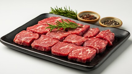 Raw meat on tray with rosemary and pepper on dark background. Useful for cooking blogs, recipes, advertising of meat products.