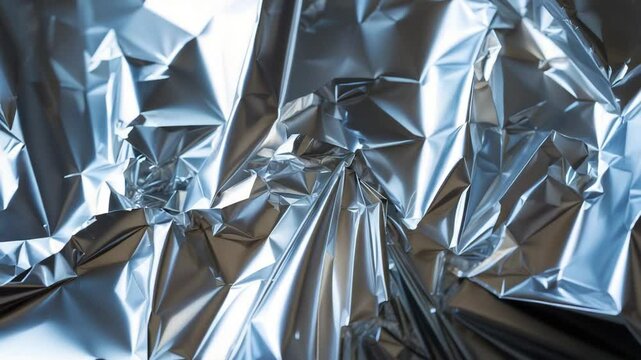 Glossy silver foil texture background, wrapping paper design showcasing crumpled and wavy patterns.