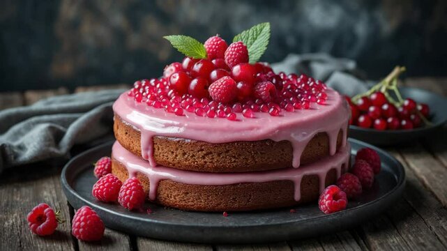 Delicious and refreshing punch cake adorned with sugar icing, fresh raspberries, and red currants on a wooden background.