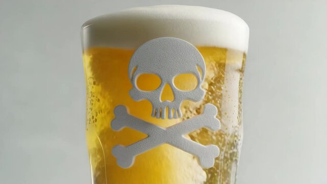 The dangers of alcoholism depicted by a skull and crossbones symbol over a beer.