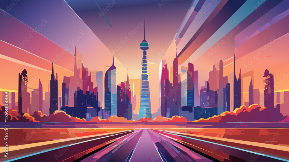 Poster imagine a futuristic cityscape at sunset; design an abstract background in three colors capturing th