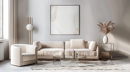 Beautiful Apartment, Sofa, Chair, Dining Table wall Mockup Interior design of modern living room