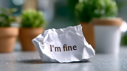 Smiling depression mental health reflection Crumpled paper with the phrase "I'm fine" placed near small potted plants.