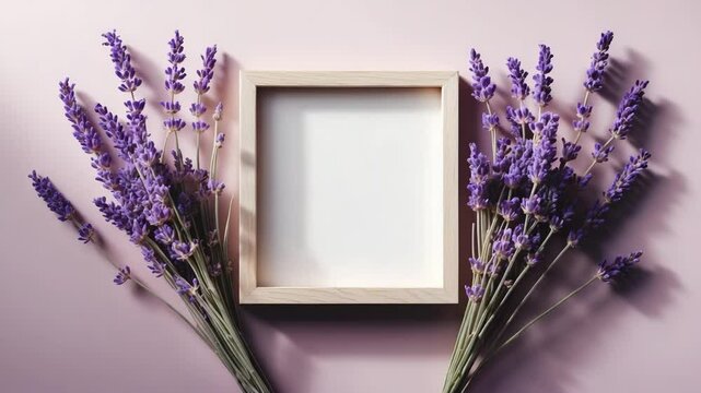 Dried purple lavender next to an empty white video frame on a gentle pastel backdrop. Mockup for a motivational concept. Open area for inspirational, emotional, or sentimental text, quotes, sayings,