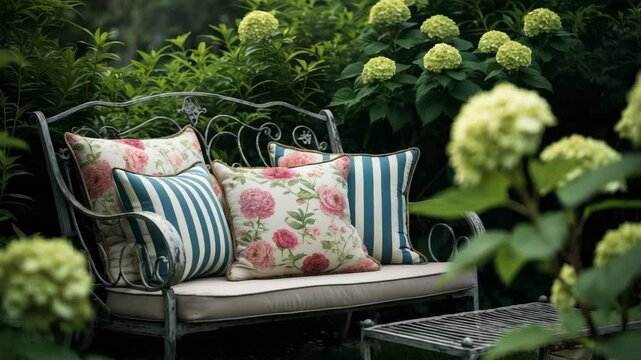 Comfortable garden lounge chair adorned with pillows, surrounded by lush greenery.