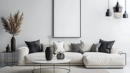 Beautiful Apartment, Sofa, Chair, Dining Table wall Mockup Interior design of modern living room