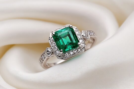 An exotic green emerald ring flanked by diamond accents, showcased on a white silk handkerchief.