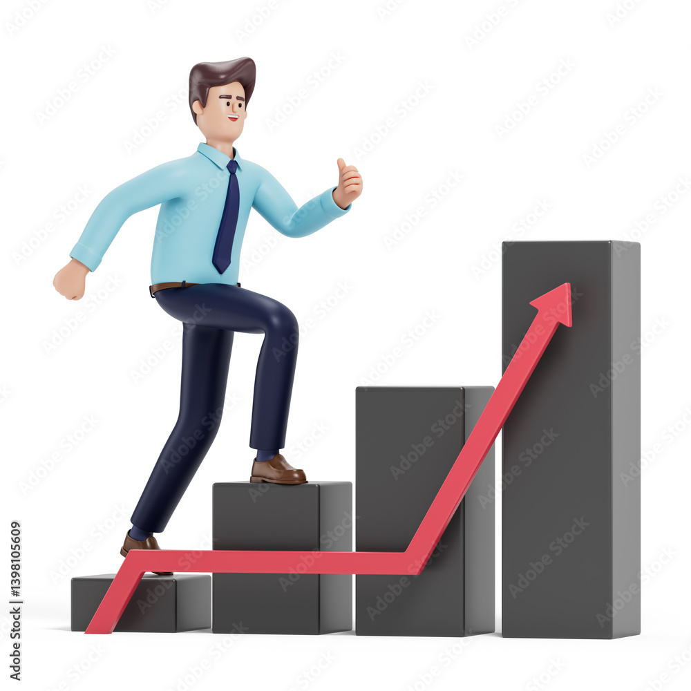Poster man climbing a bar graph, symbolizing growth or success in business. 3d rendering, conceptual image.