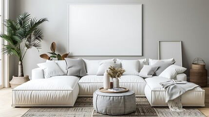 Beautiful Apartment, Sofa, Chair, Dining Table wall Mockup Interior design of modern living room