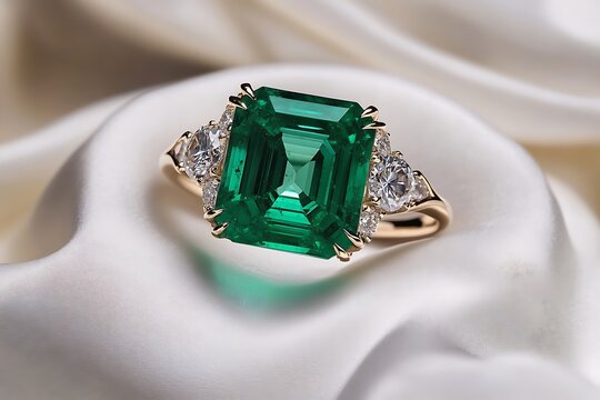 An exotic green emerald ring flanked by diamond accents, showcased on a white silk handkerchief.