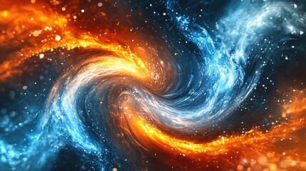 Obraz premium Abstract depiction of a mix of blue and orange flames with luminous particles on a dark gradient background.