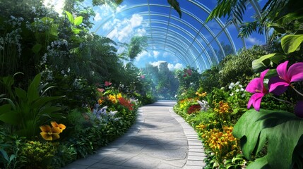 Lush Tropical Garden Path Under Glass Dome