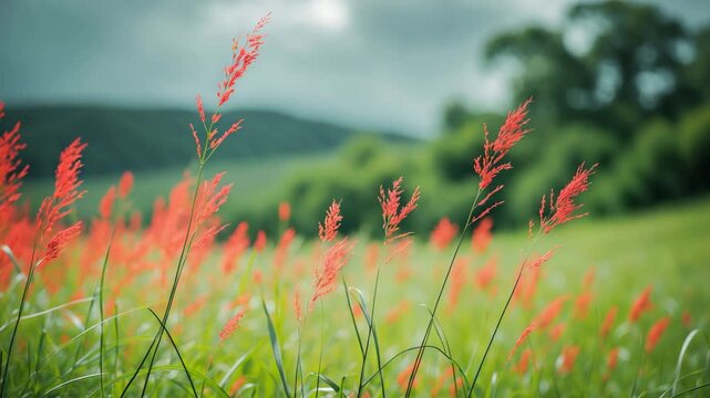 Gentle red grasses undulate in the breeze, set against a rich green background, showcasing the understated beauty of nature and the complex details of its vibrant tapestry.