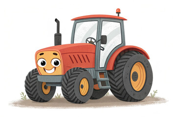 Obraz premium Cute cartoon tractor isolated on white background. A cute cartoon tractor with large wheels and a smiling face, isolated on white, perfect for childrenâ€™s themes