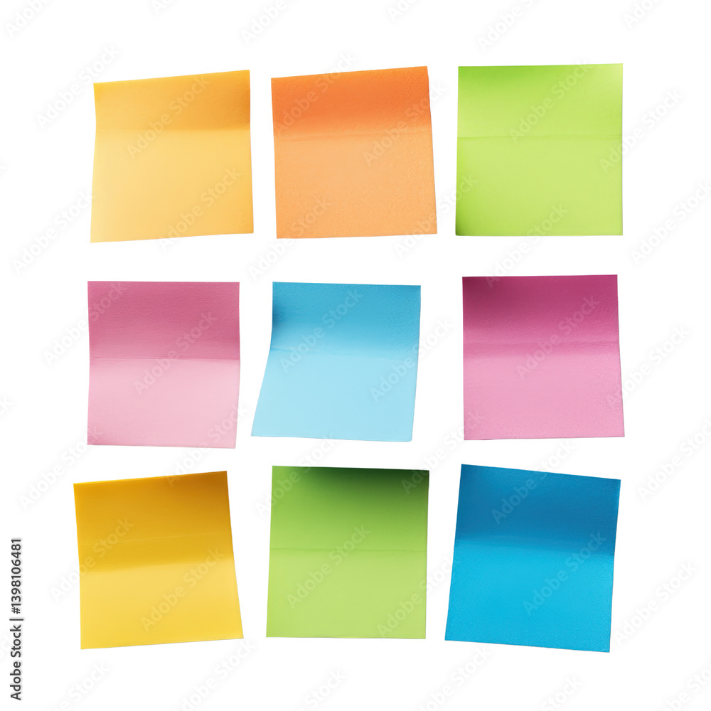 Poster a bunch of colorful sticky notes piled together on a desk representing organization and creative thi