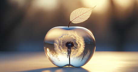 Obraz premium Transparent Apple with Dandelion and Autumn Leaf: A Stunning Visual 