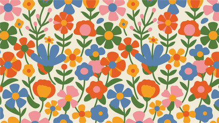 Groovy Floral Pattern With Vintage Color Palette Flowers And Foliage Design