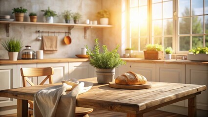 Rustic Kitchen Table Setting with Warm Sunlight Streaming Through Window, Freshly Baked Bread, and Linen Textile