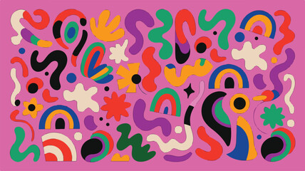 Colorful Abstract Groovy Shapes On Pink Background Vector Illustration