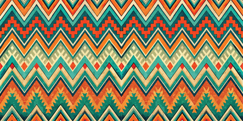 Colorful geometric pattern in warm hues with zigzag and leaf motifs.