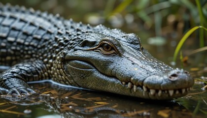 Fototapeta premium Spectacled Caiman Close-Up: Dark Scales, Subtle Smile, Swamp Habitat