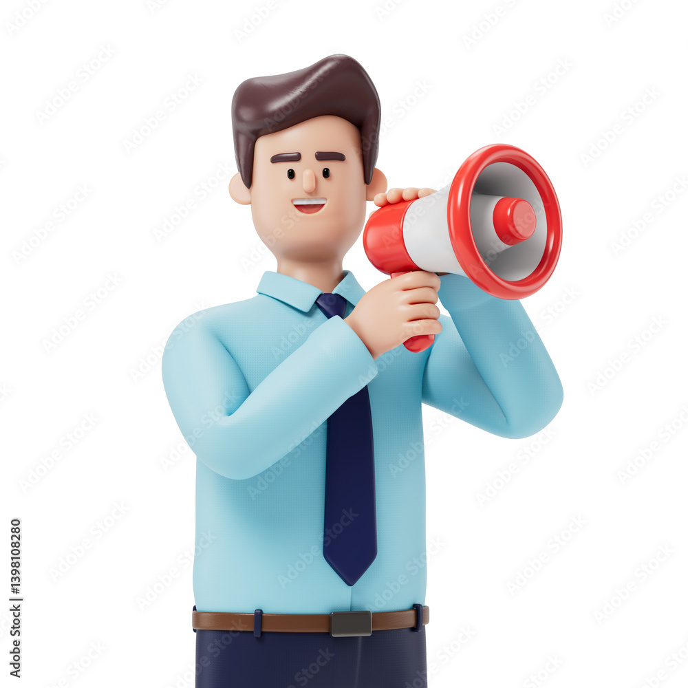 Poster man with a megaphone, symbolizing announcement or spreading information. 3d rendering, conceptual im