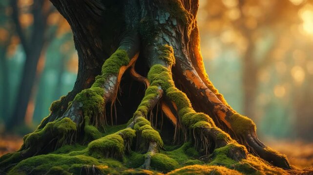 A maple lodged in a tree trunk draped in moss.