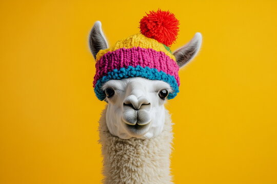 Bright and whimsical image of a llama dressed for winter, radiating cozy charm and childlike joy, ideal for holiday cards or playful branding.

