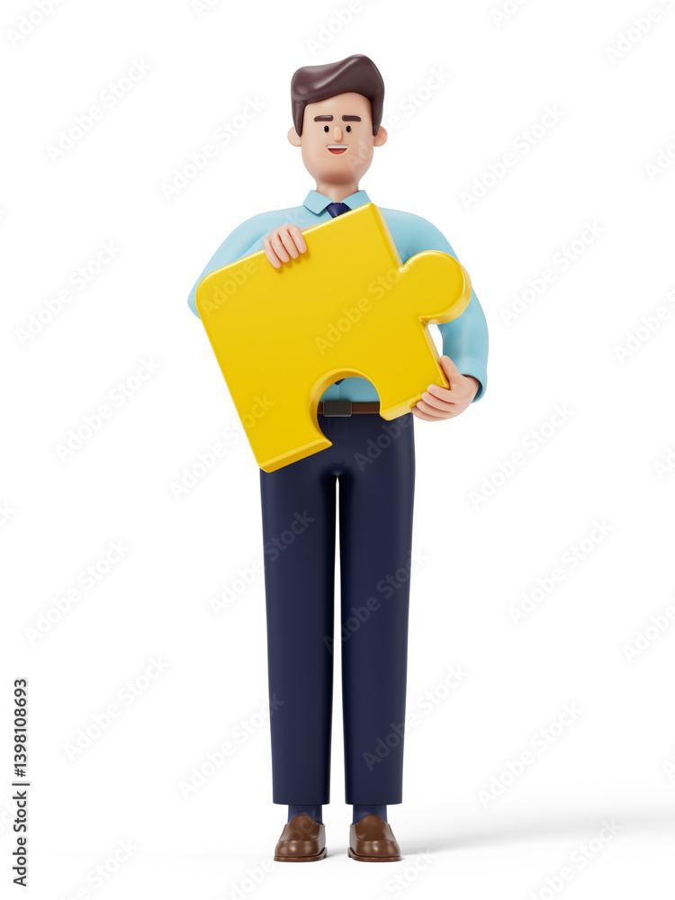 Poster man holding a puzzle piece, symbolizing finding solutions or completing tasks. 3d rendering, concept