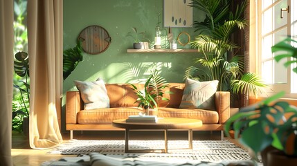 Beautiful Apartment, Sofa, Chair, Dining Table wall Mockup Interior design of modern living room