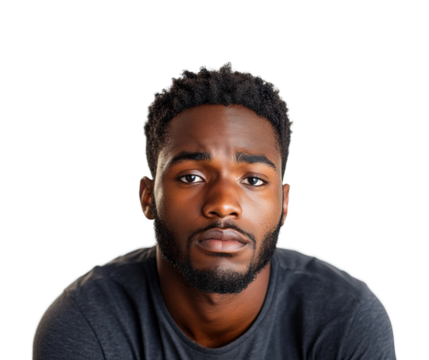 Portrait of a thoughtful young man emotional expression view isolated on transparent background png